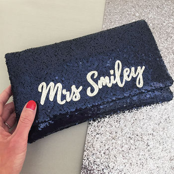 Black Or Navy Sequin Mrs Surname Clutch, 2 of 5