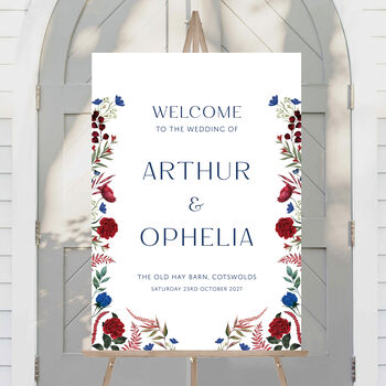 Wedding Welcome Poster In Blue And Red Floral, 2 of 3