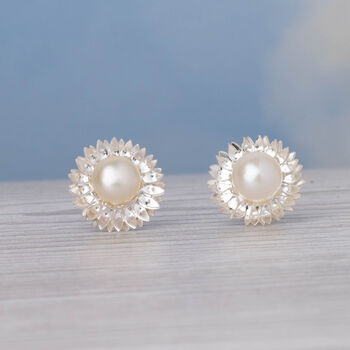 Sunflower Stud Earrings With Pearls, 6 of 10