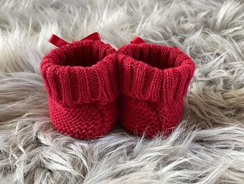 Wine Red Knitted Baby Booties With Bow, 5 of 6