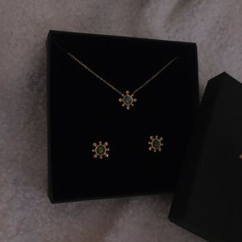 18k Gold Sunburst Australian Green Blue Opal Necklace And Stud Earrings Set, 3 of 12