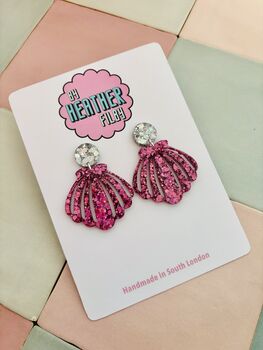 Statement Shell Glitter Resin Earrings / Mermaidcore Jewellery / Beach Holiday Statement / Summer Vacation Jewellery, 7 of 12
