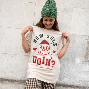 How Yule Doin' Women's Christmas T Shirt In Sand, 3 of 4