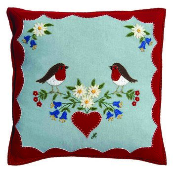 Hand Embroidered Edelweiss Robin Christmas Cushion, 2 of 3