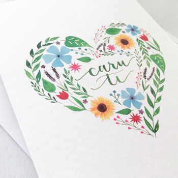 'Caru Ti' Floral Heart Welsh Greeting Card, 2 of 2