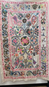 Authentic Pink Hand Embroidered Suzani Bedspread Throw, 2 of 3