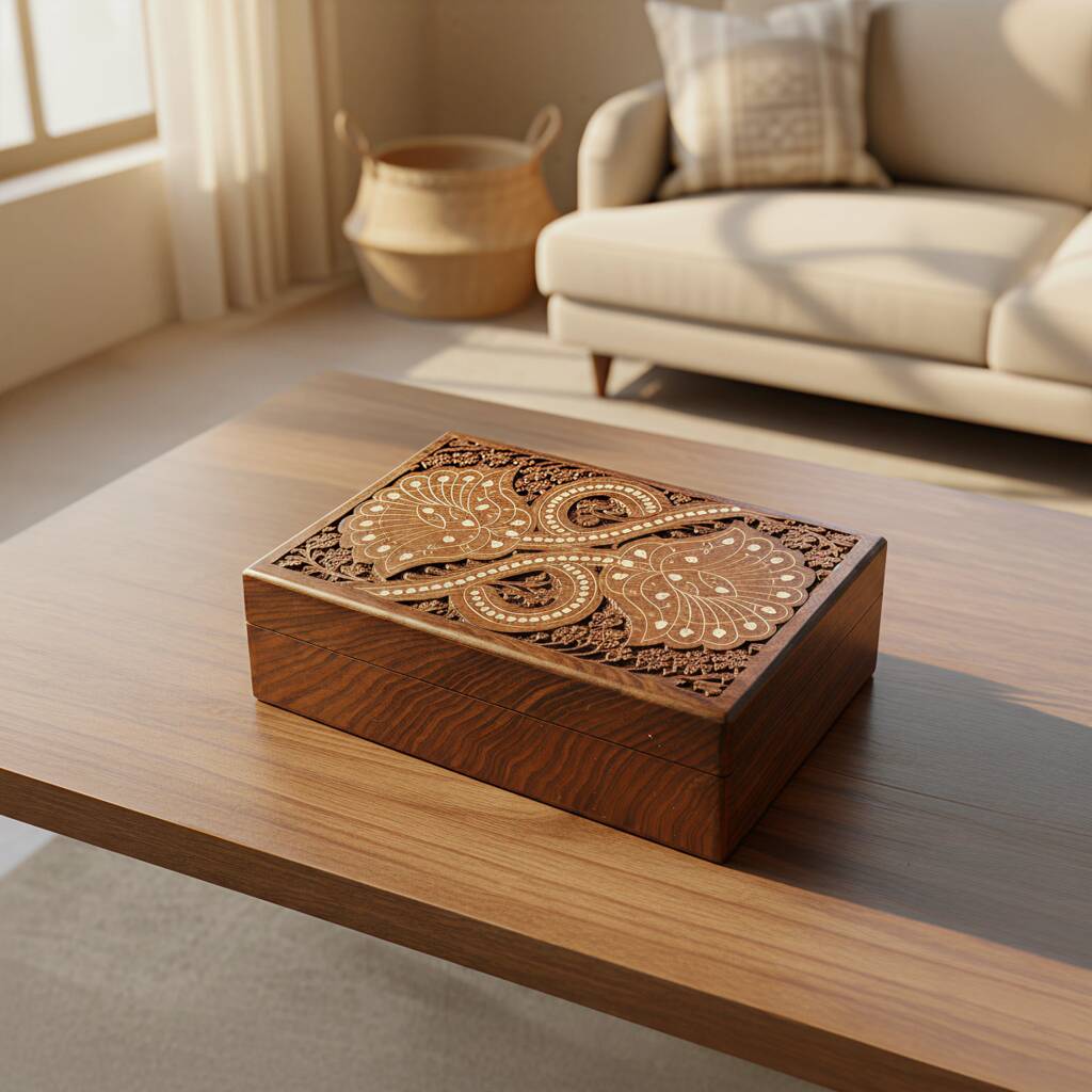 Gift For Mum; Floral Carved And Inlaid Large Box, 1 of 7