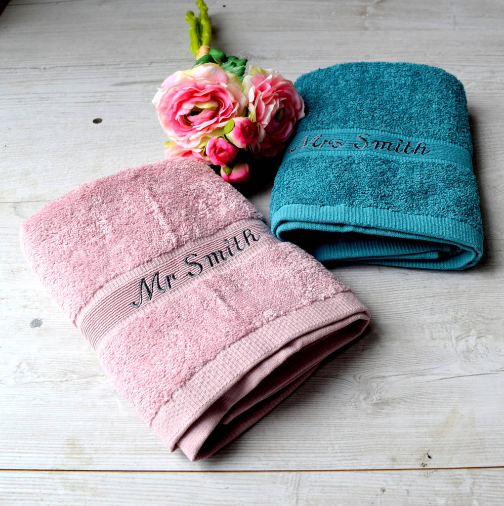 Personalised Dusky Pink And Blue Wedding Towels, 1 of 3