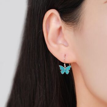 Sterling Silver Blue Butterfly Enamel Drop Hook Earrings, 3 of 10