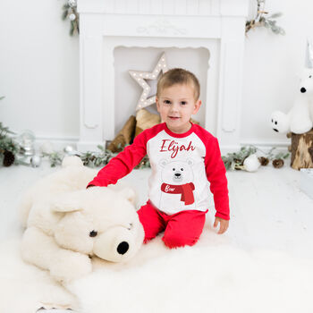Personalised Grey Polar Bear Kids Christmas Pyjamas, 3 of 12