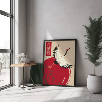 Japanese Minimalist Wall Art | Red Crowned Crane Print, 3 of 6
