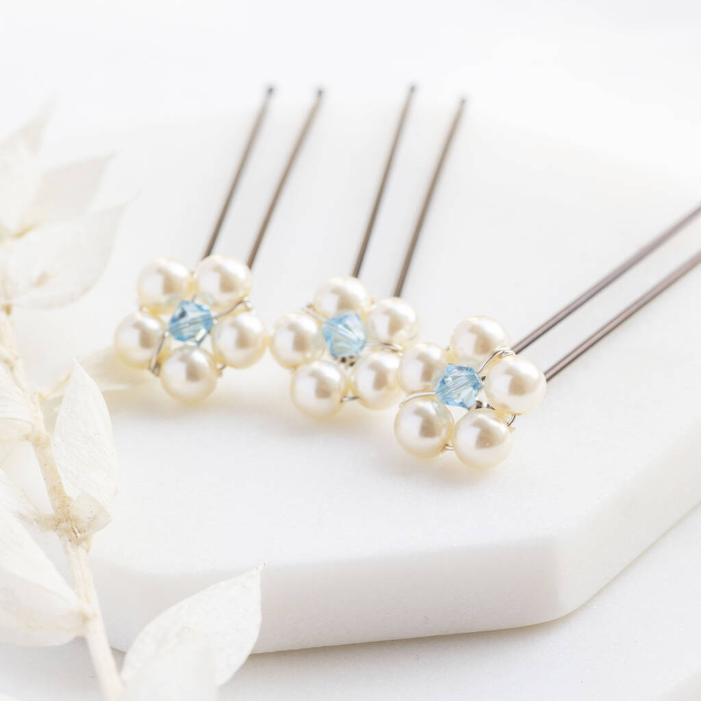 Set Of Three Something Blue Pearl Flower Hairpins, 1 of 6