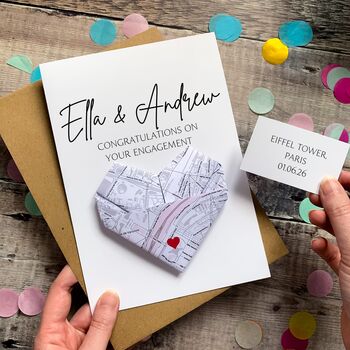 Personalised Map Engagement Congratulations Card, Origami Heart Card For A Special Couple Proposal Venue Location, 4 of 5