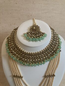 Indian Antique Gold Plated Mint Green Pearl Mala Set, 6 of 9