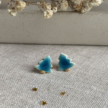 Tiny Turquoise Christmas Tree Ceramic Earrings, 7 of 10