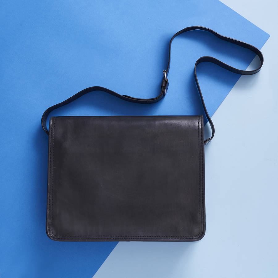 black faux leather messenger bag