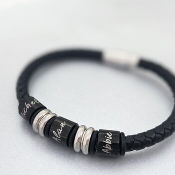 Leather Bracelet With Black Engraved Rings, 2 of 4