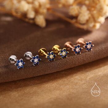 Tiny Sapphire Blue Cz Flower Internally Threaded Flat Back Earrings In Sterling Silver, 3 of 10