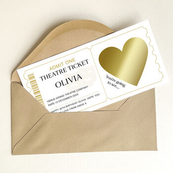 Personalised Theatre Ticket Scratch Card: Theatre Masks And Gold Heart Design, 7 of 7