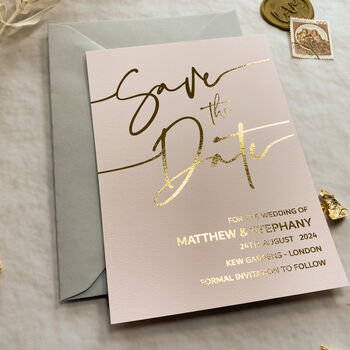 Save The Date Card In Pink And Gold Foil, 4 of 7