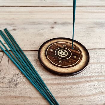 Round Mango Wood Incense Cone Stick Holder Ash Catcher, 3 of 7