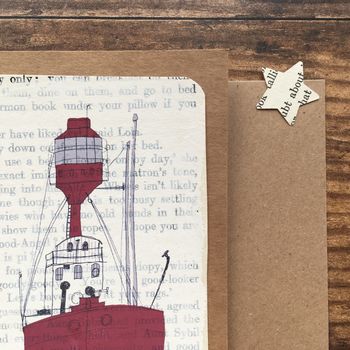 Lightship On Vintage Book Paper Greeting Card, 2 of 3