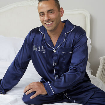 Men's Personalised Navy Satin Pyjamas, 2 of 3