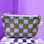 Small Cosmetic Bag Purple Checkered Pattern On Green, thumbnail 1 of 3