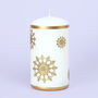 G Decor Snow White Pillar Candle With Gold Snowflakes, thumbnail 5 of 7