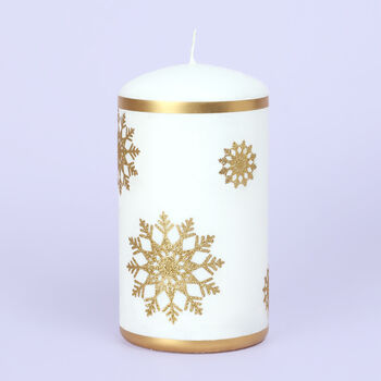 G Decor Snow White Pillar Candle With Gold Snowflakes, 5 of 7