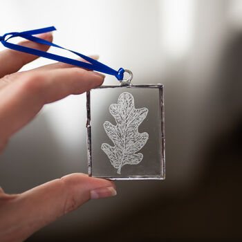 Oak Leaf Hand Engraved Glass Hanging Decoration, 3 of 7