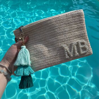 Personalised Straw Patch Pouch Wristlet Clutch Bag, 2 of 6