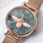 Personalised Rose Gold Plated Bee Watch With Olive Face, thumbnail 3 of 9