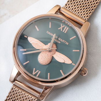 Personalised Rose Gold Plated Bee Watch With Olive Face, 3 of 9