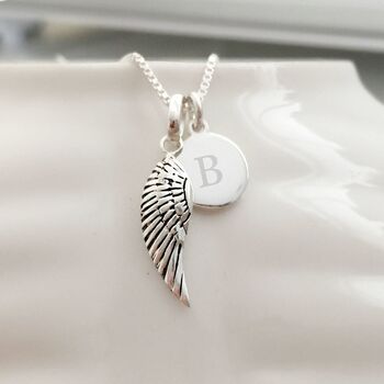 Silver Wing Necklace With Engraved Initial Disc, 2 of 5