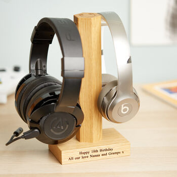Personalised Double Headphone Stand In Solid Oak, 2 of 9
