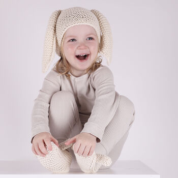 Baby Bunny Ear Hat And Slippers Easy Knitting Kit, 3 of 5