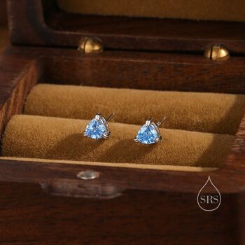 Sterling Silver Trillion Cut Topaz Blue Cz Stud Earrings, 3 of 12