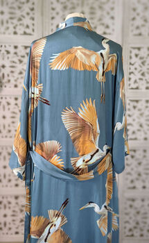Ladies Luxury Bamboo Silk Kimono Robe Crane Bird Dusk Blue, 4 of 9