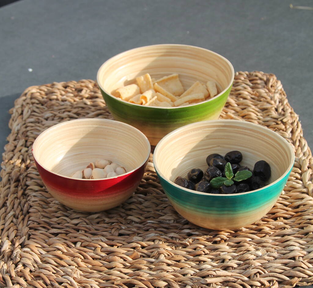Set Of Three Bamboo Snack Bowls By Lotus Direct