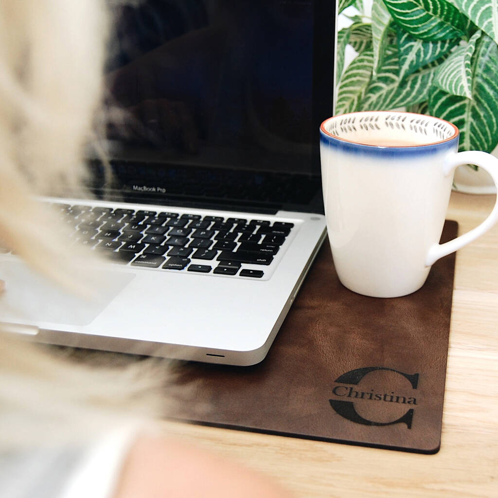 recycled vintage leather personalised laptop mat by the british belt