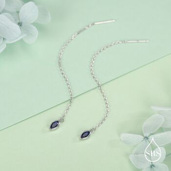 Tiny Sapphire Blue Marquise Cz Threader Earrings In Sterling Silver, 4 of 11