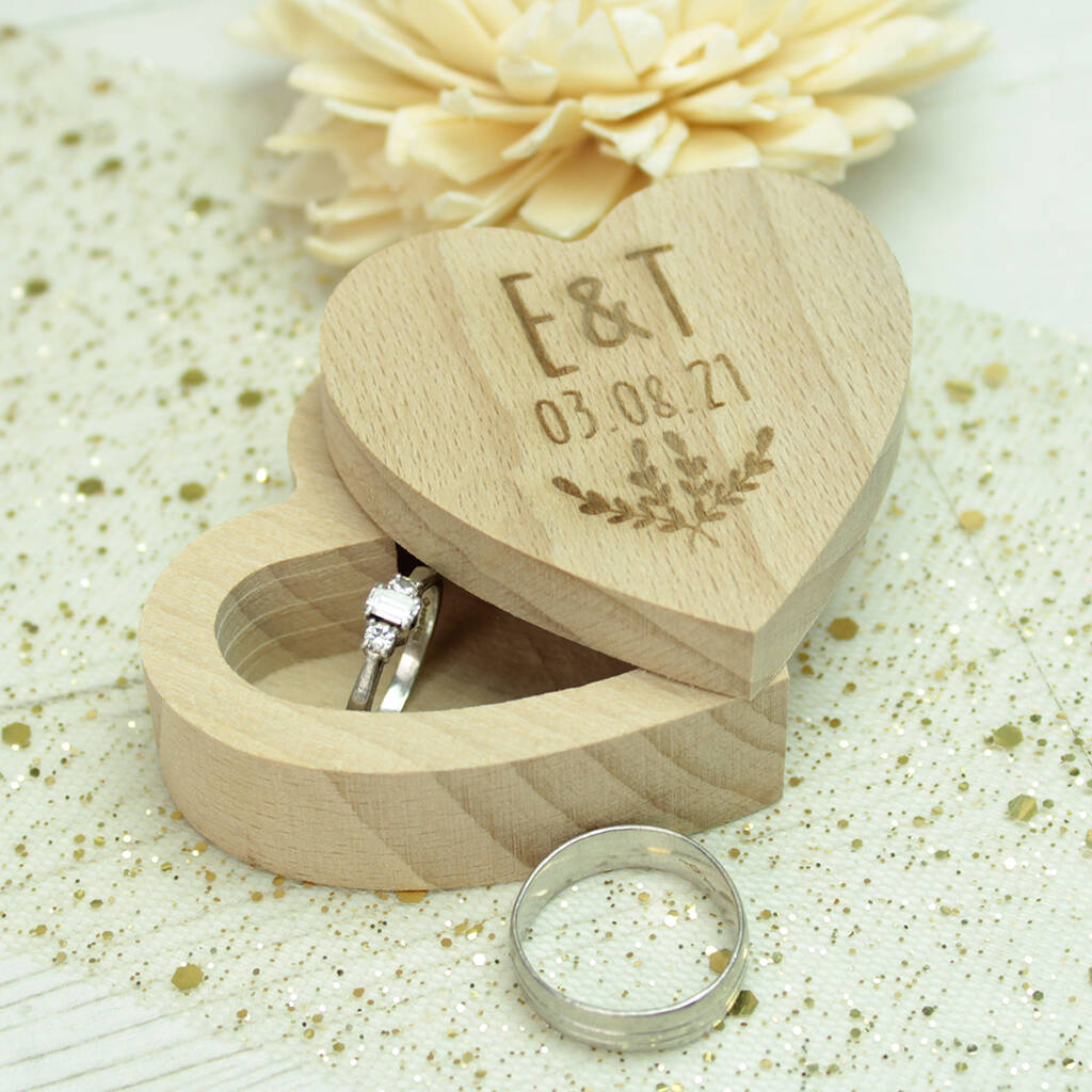 Personalised Initials Wooden Heart Wedding Ring Box By