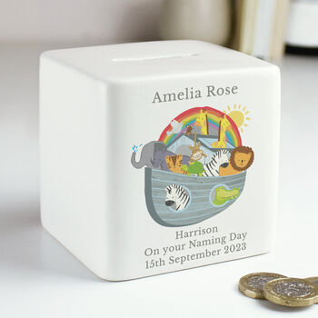 Personalised Noahs Ark Ceramic Square Money Box, 2 of 3