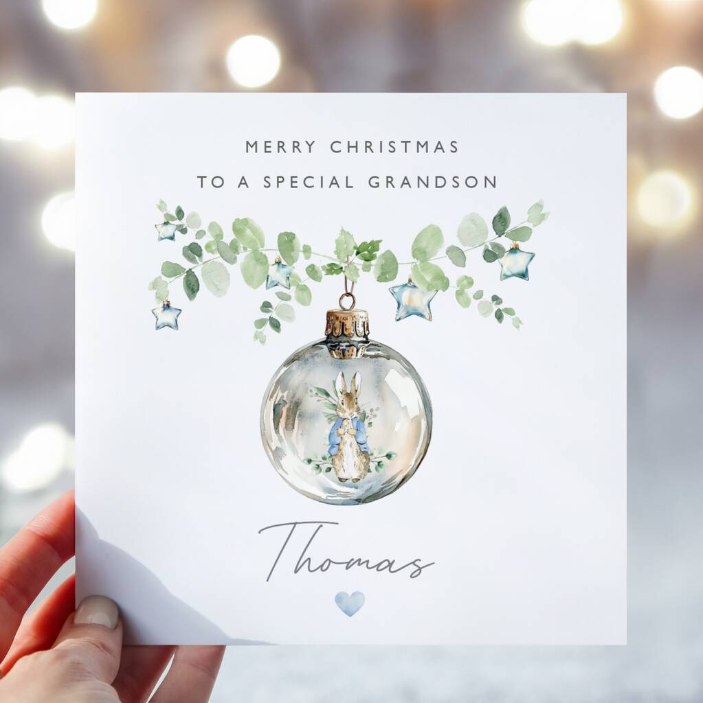 Personalised Peter Rabbit Grandson Christmas Bauble Card