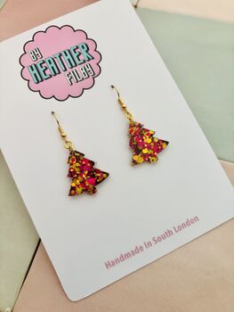 Gold And Red Christmas Tree Glitter Resin Earrings / Festive Jewellery / Christmas Gift, 7 of 10