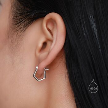 Sterling Silver Pentagon Shape Huggie Hoop Earrings, 8 of 10