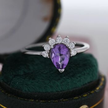 Genuine Pear Cut Amethyst Purple Crown Ring, 3 of 11