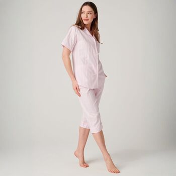 Women's 'Shell Pink' Satin Stripe Cotton Three/Four Length Pyjama Set, 2 of 4