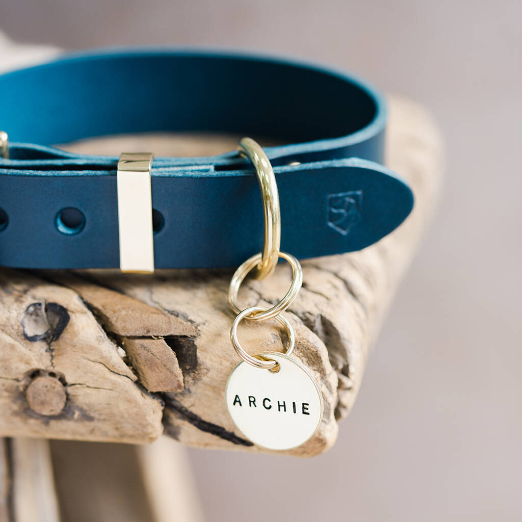 Blue Leather Dog Collar, Lead And Personalised Name Tag By The Stately Hound